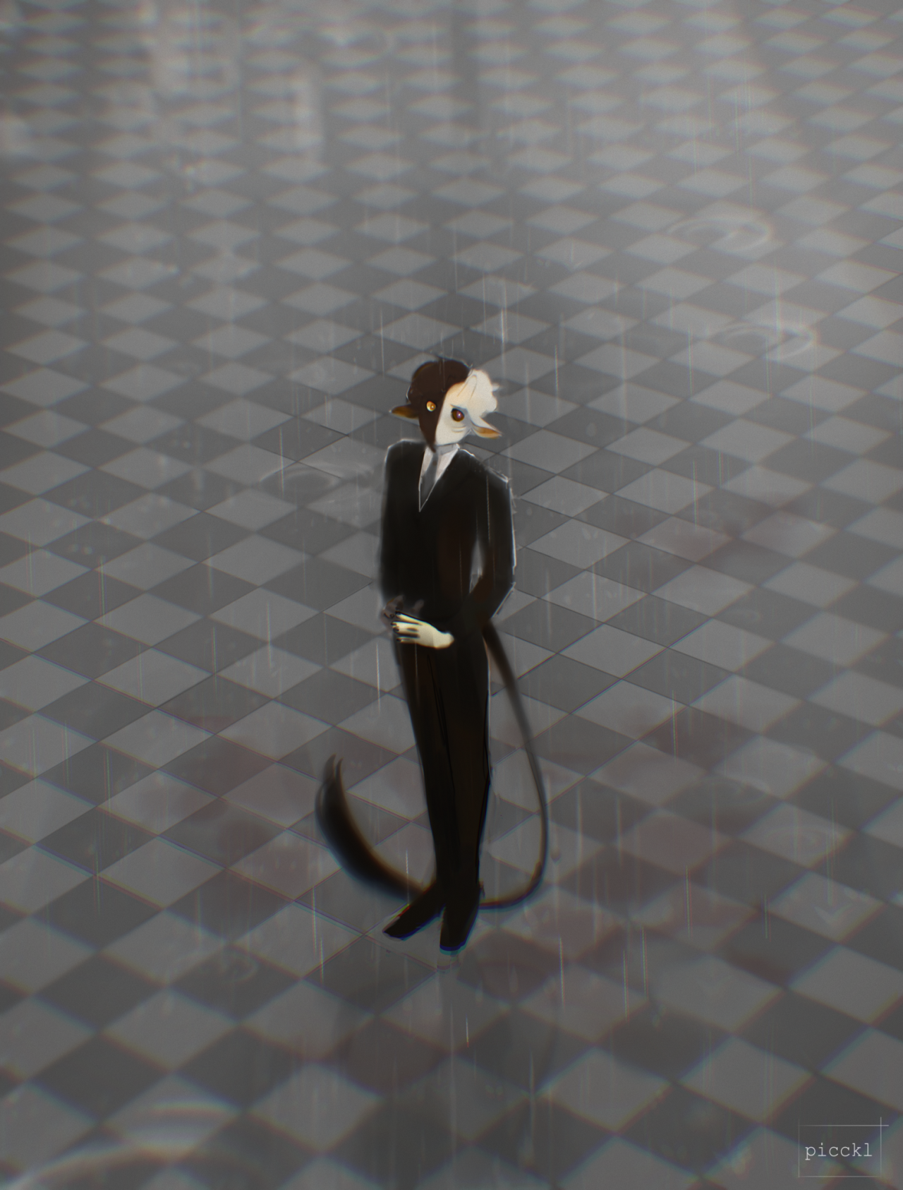 This is a drawing of Ranboo standing on a grey checkered floor in the rain rendered as more of a creature than human. He has shaggier hair that still fits the black and white scheme. He has long ears like a sheep on the sides of his head. He wears the same suit as his minecraft skin but with a dark green tie. He has a long black tail that ends in a black tuft of hair. He has horns that blend in with his hair, two grey lines under his red eye, and no visible mouth. The drawing looks like it has a rainy filter on it, making Ranboo appear slightly blurry in the rain.